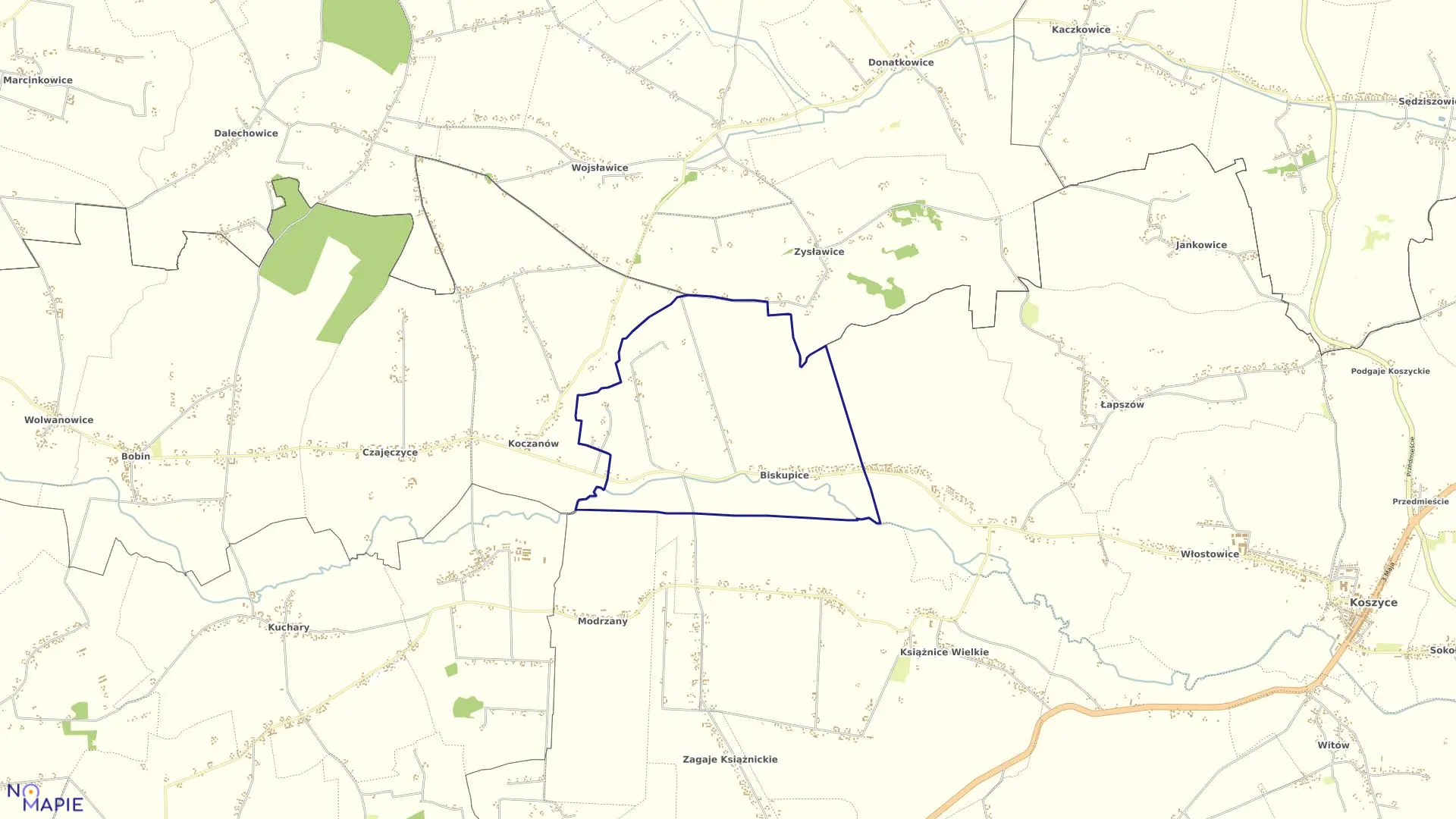 Mapa obrębu Biskupice w gminie Koszyce