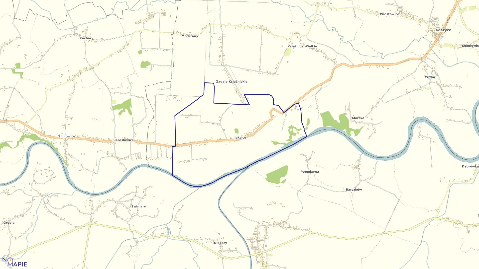 Mapa obrębu Jaksice w gminie Koszyce