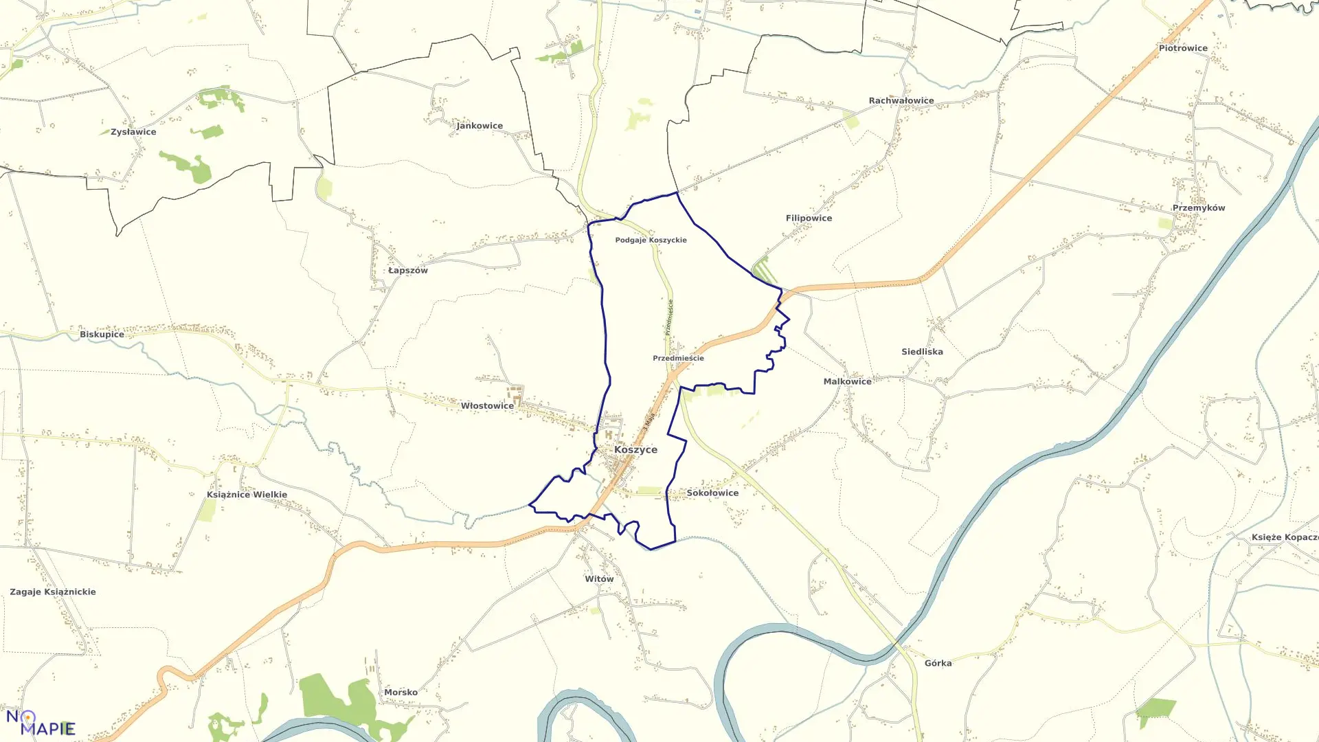 Mapa obrębu Koszyce w gminie Koszyce