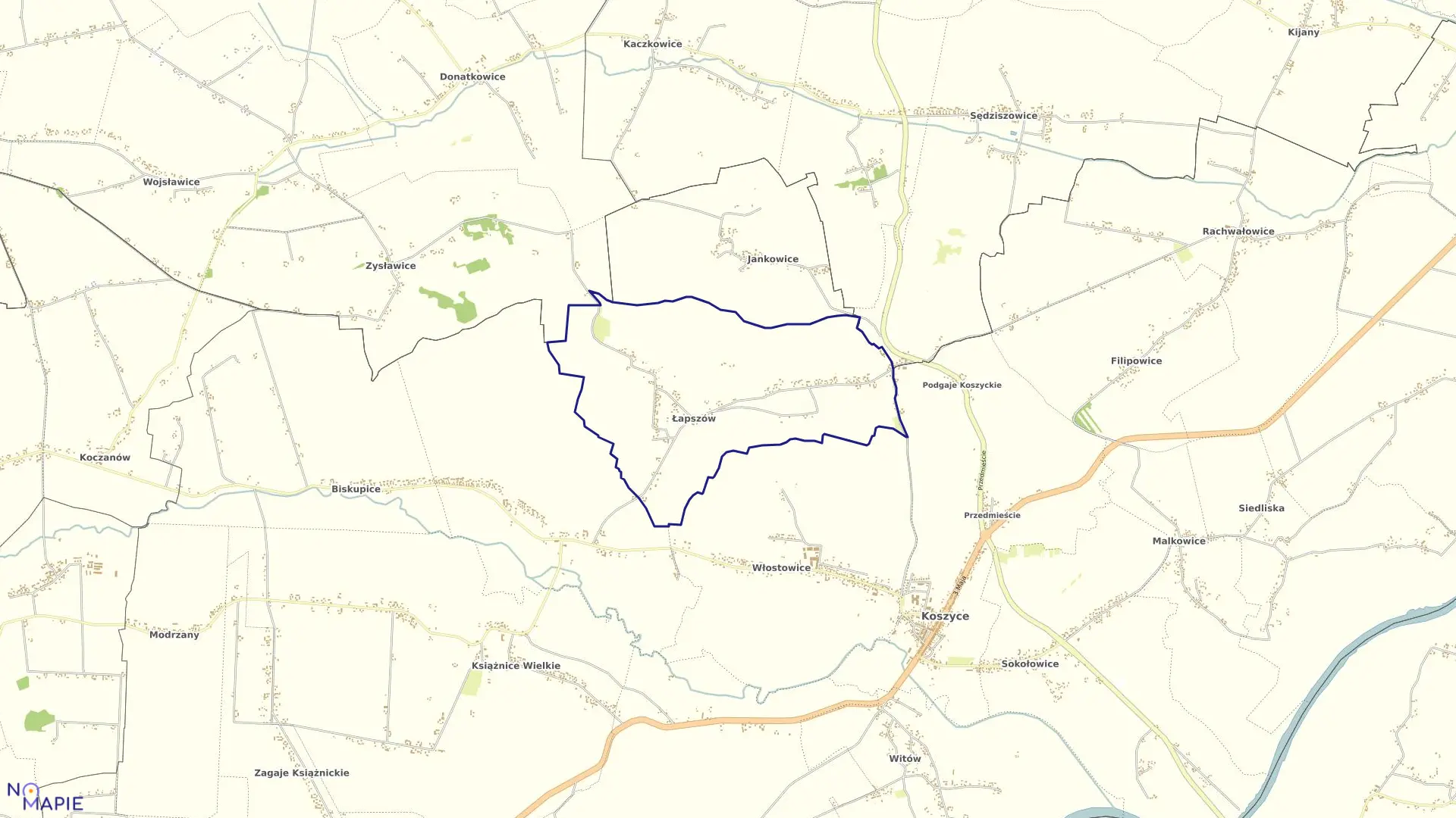 Mapa obrębu Łapszów w gminie Koszyce