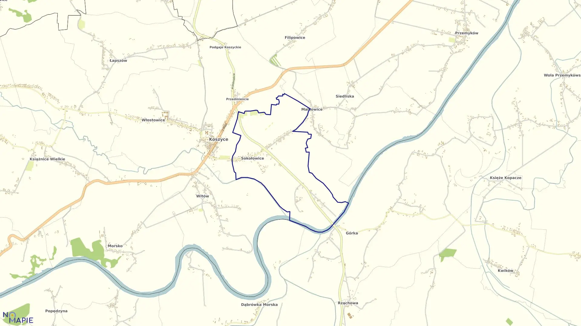 Mapa obrębu Sokołowice w gminie Koszyce